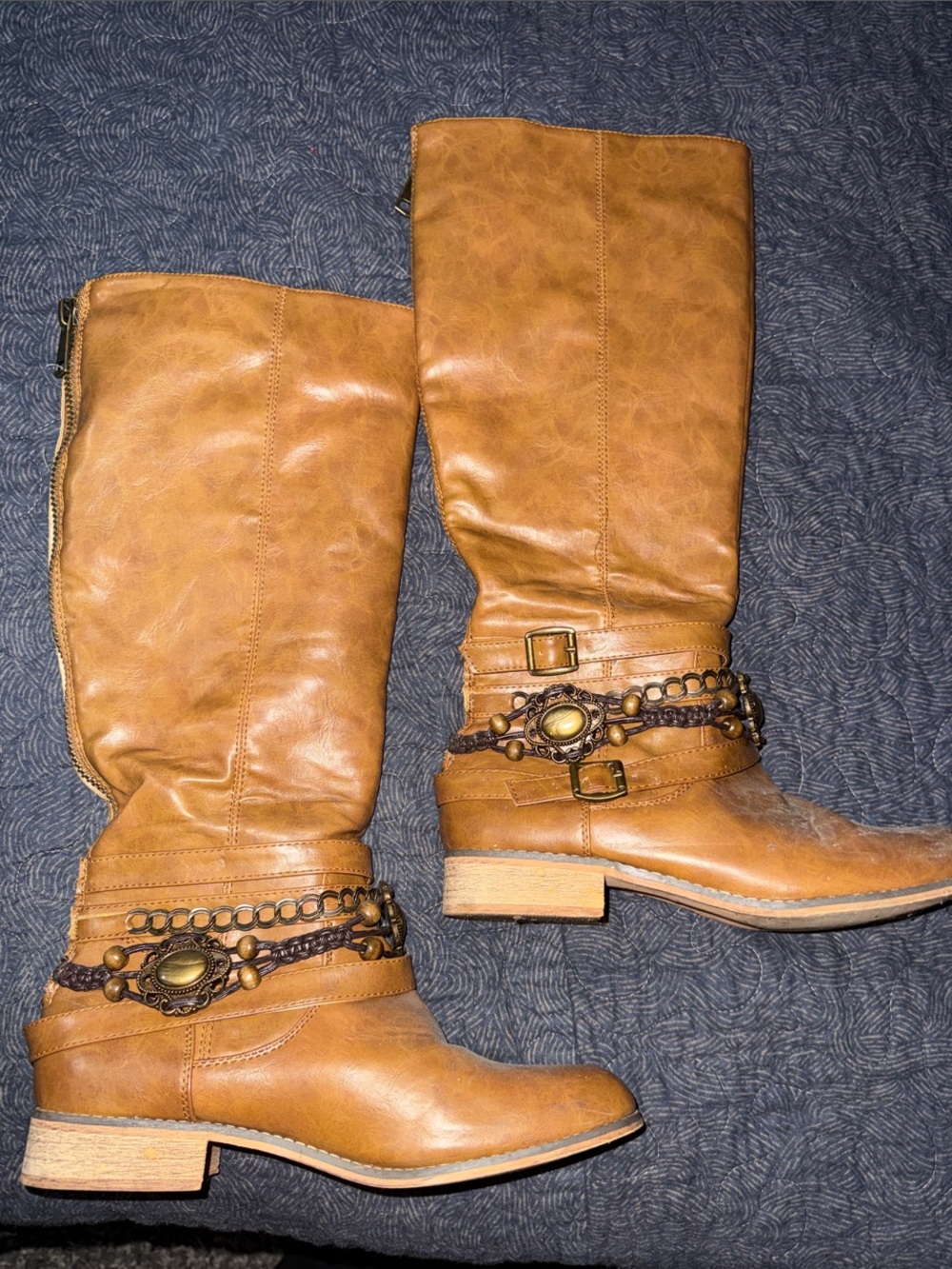 Classic Women's Knee High Tan Boots with Decorative Straps